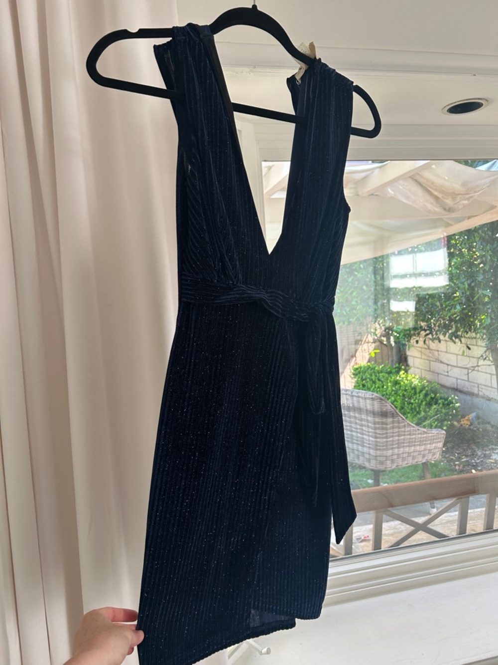 Sleeveless Deep V Blue Sparkle Wrap Dress